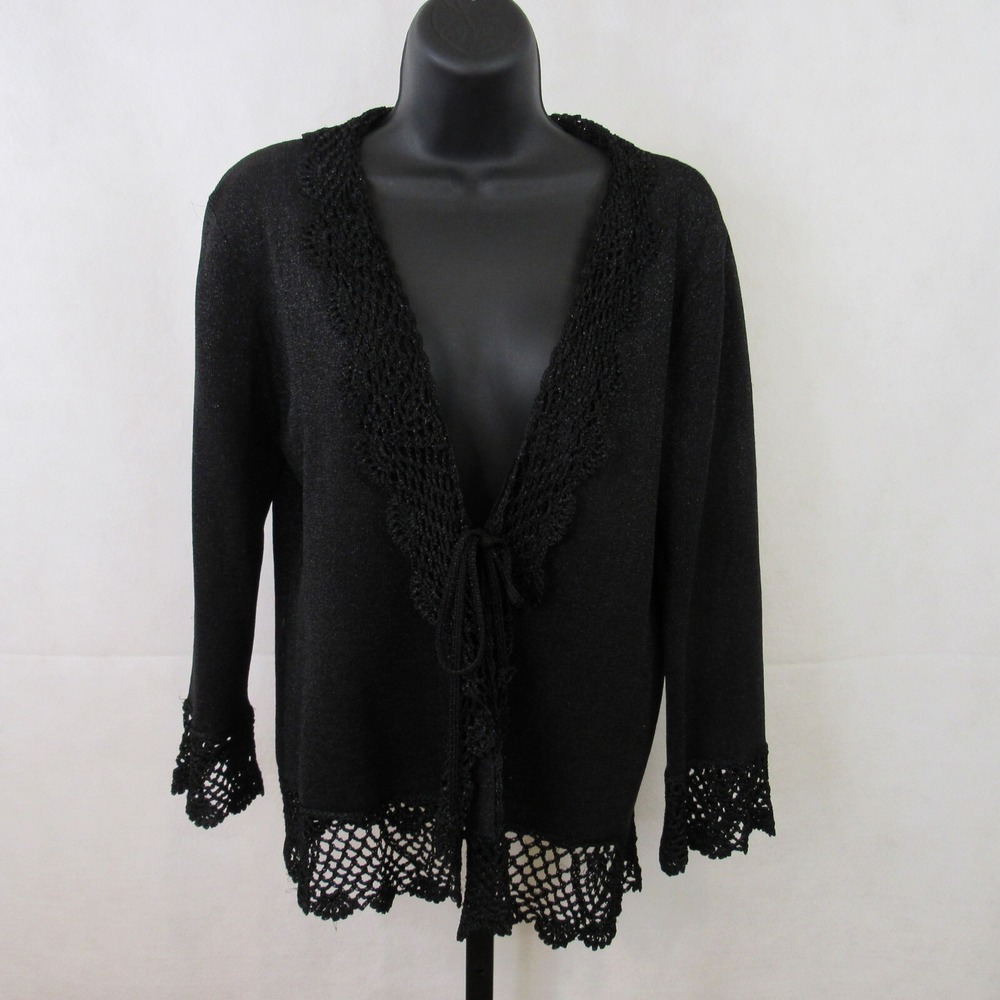 VTG Women's Black Crochet Knit Sweater Cardigan Whimsygoth Fairy Witchy Boho Y2K